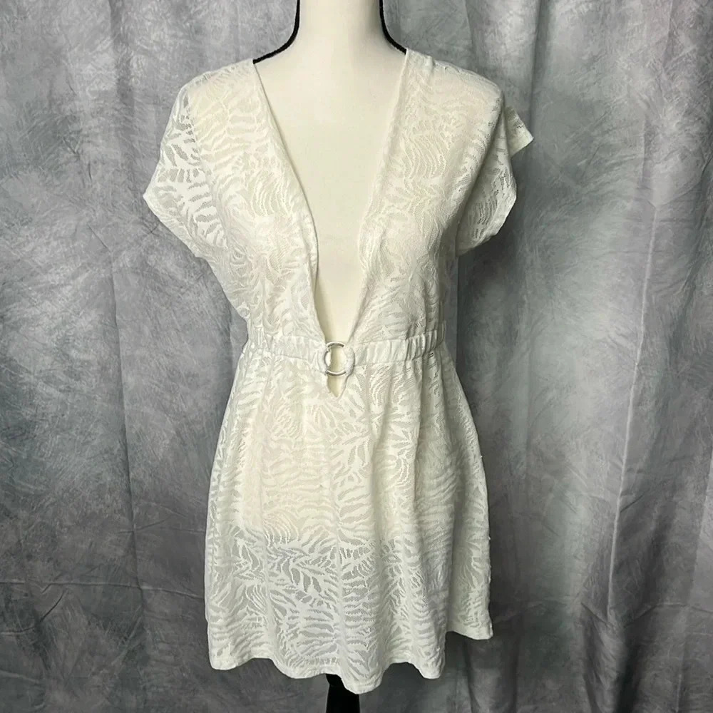 J. Valdi Cream Lace Coverup With Silver Ring - Medium